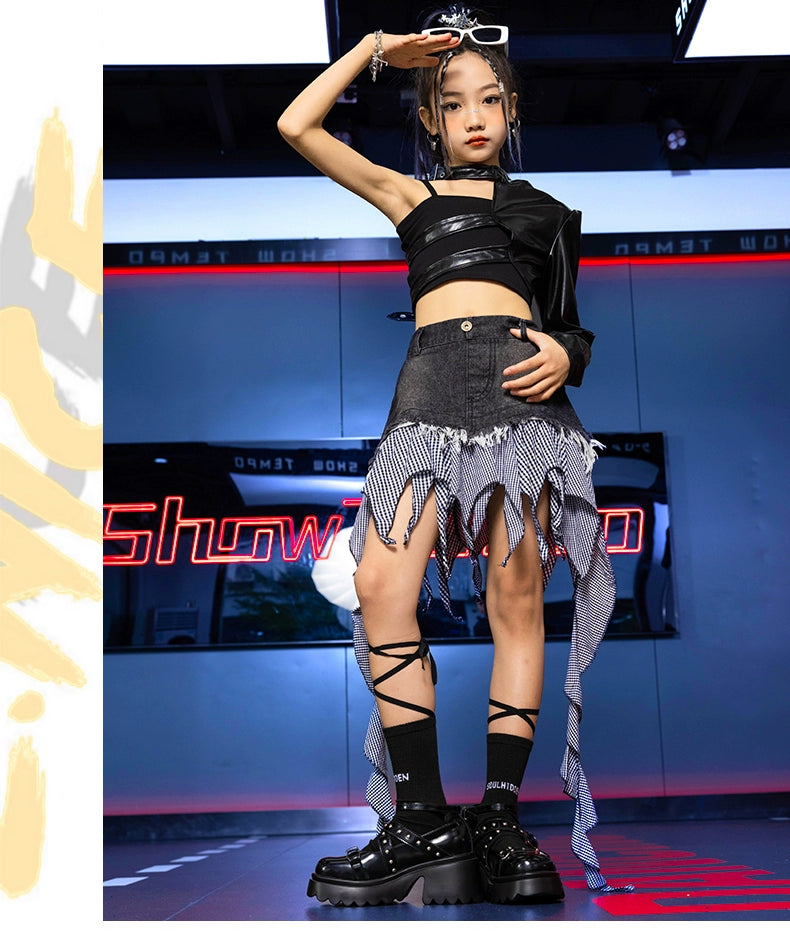 Girls Jazz Dance Costume Kids Street  Hip Hop Rappers Singers Party Show Carnival Dance Catwalk Trendy Clothing Irregualr Skirt One Shoulder Top