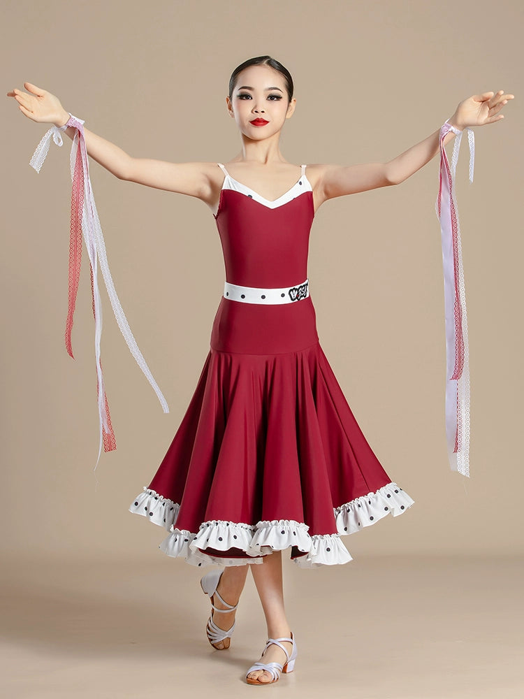 Red polka dot Latin ballroom dance dresses for kids girls national ballroom waltz tango dance costumes art test performance outfits