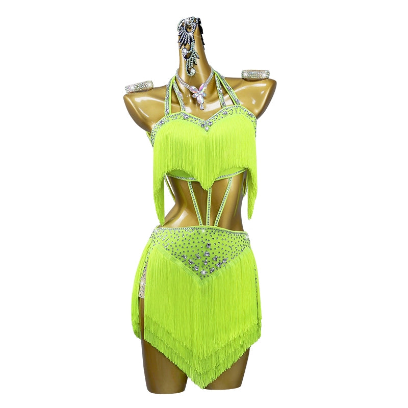 Fluorescent yellow professional latin dance competition tassel dress for women girls salsa rumba chacha dance costume solo dance wear