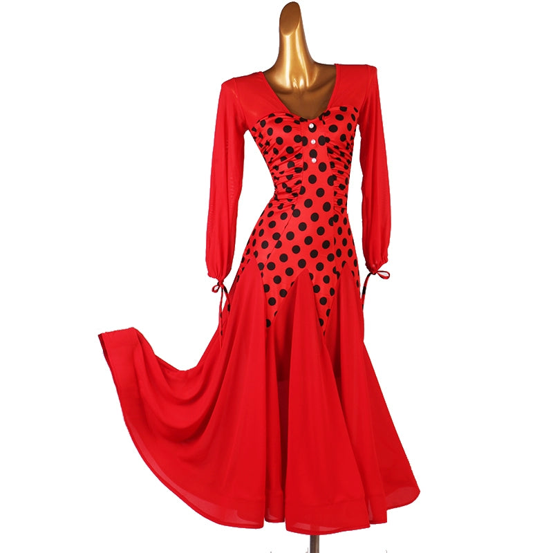 Red Polka Dot Ballroom Dance Dresses for Women Girls Modern Party Vintage Style Waltz Tango Flamenco Stage Performance Long Gown