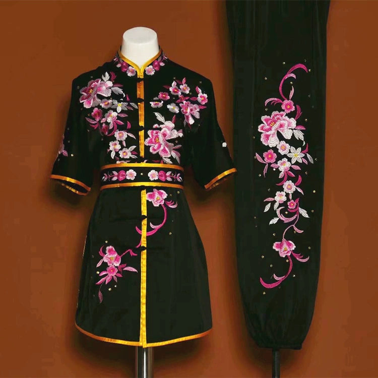 Custom size competition tai chi Wushu uniforms embroidered flower team martial art changquan performance cclothes for adult kids