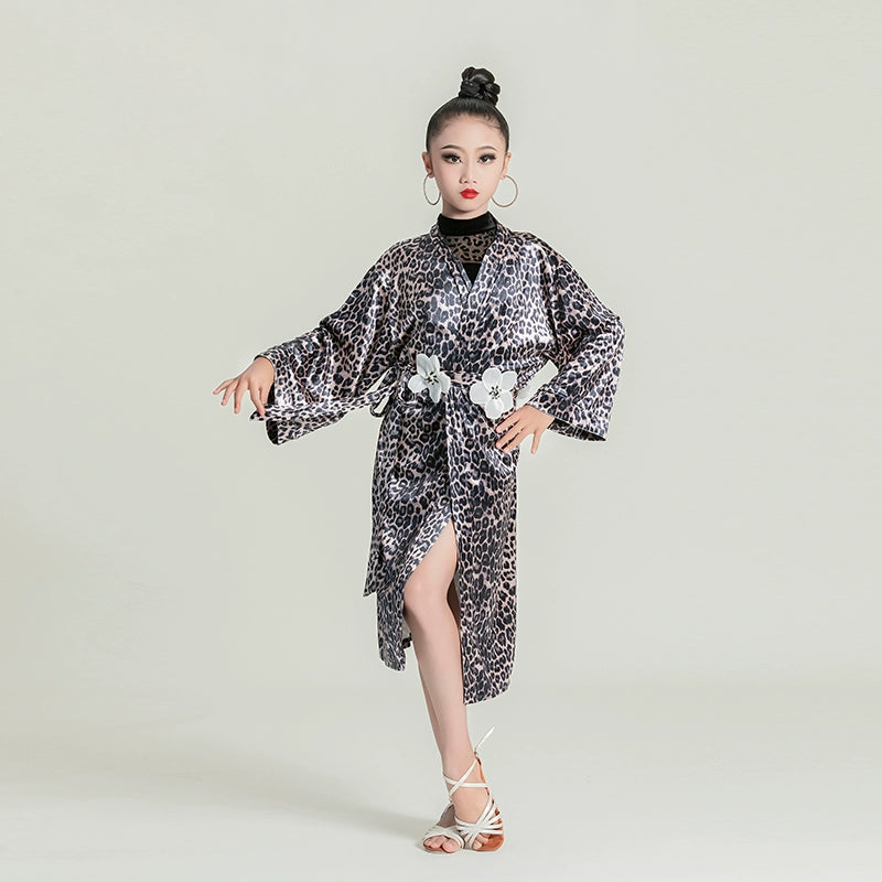 Girls kids leopard black velvet Latin dance robe  for children ballroom salsa rumba practice dancing catwalk performance outwear long coat