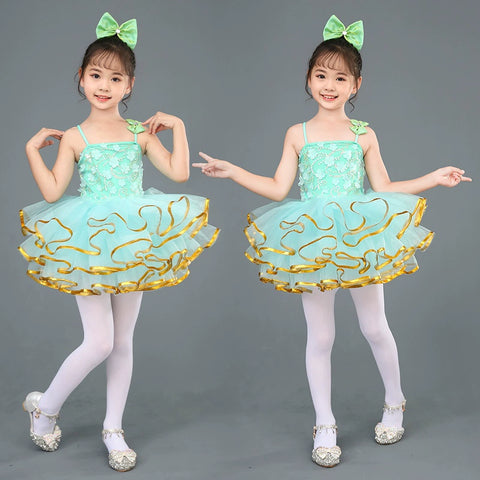 Children's Green Flowers Jazz Dance Dresses Ballet Tutu Skirts Birthday Party Ball Gown Girls Fancy Princess Dress for Kids