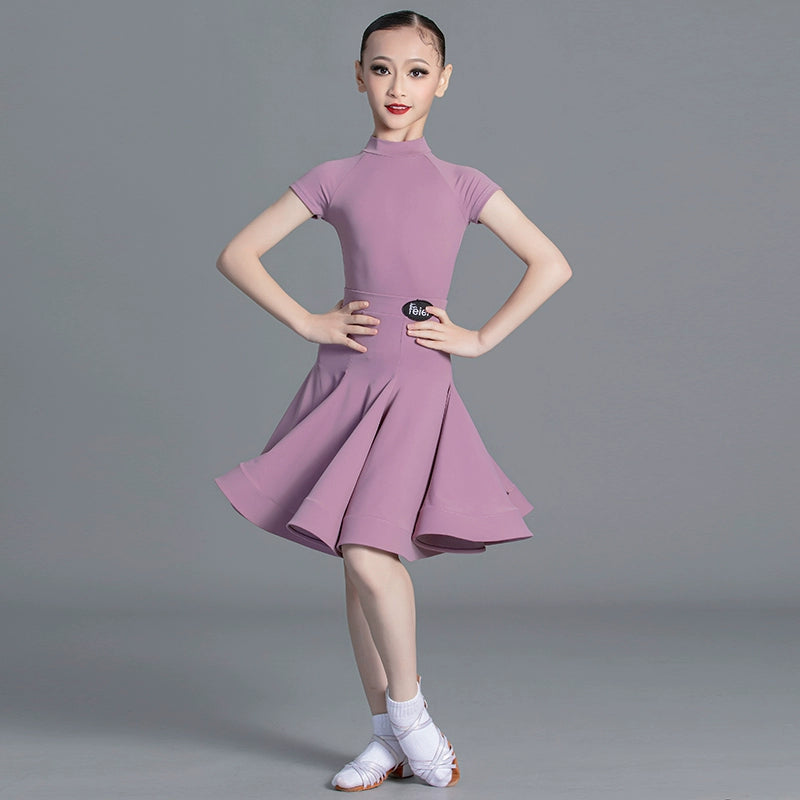 Latin Dance Competition dresses for kids girls  wine green Short Sleeves Standard  ballroom latin Competition Suit