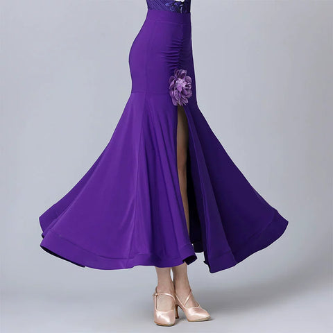 Modern Dark Green Blue Flowers Ballroom Dance Skirt for Women Girls Sexy Side Slit Professional Waltz Tango Dancing Long Skirts for Lady