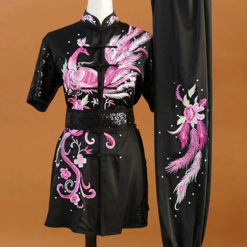 Customized size Embroidered Phoenix Competition Chinese Kungfu uniforms wushu performance Taichi clothing Changquan Nanquan Suit for adult kids