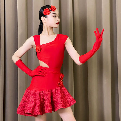 Red Slant Neck Lace Latin Dance Dresses for Girls Kids Children's Salsa Rumba Chacha Ballroom Professional Practice Costumes for Girl