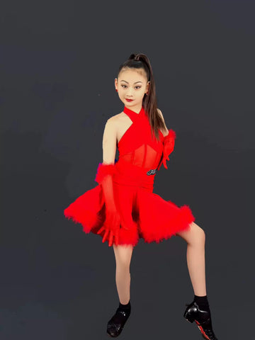 pink white blue feather competition Latin professional dance dresses for kids girls ballroom salsa rumba chacha performance clothes