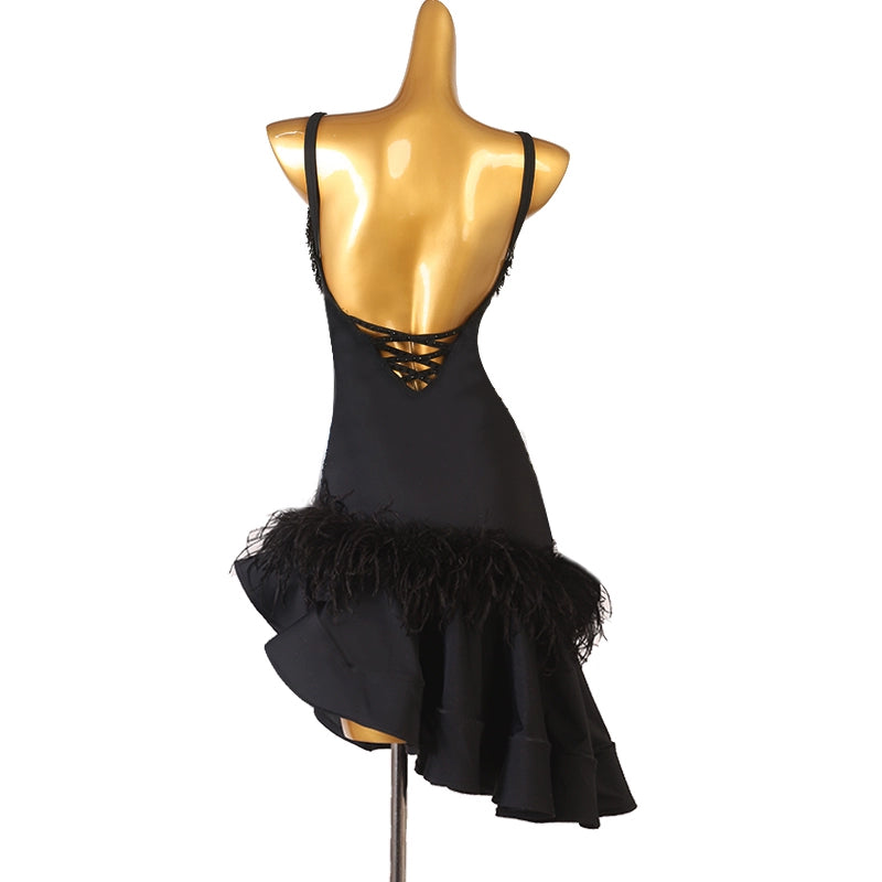 Black Diamond Feather Latin Dance Dresses for Women Girls Salsa Rumba Chacha Performance Competition Costume Sleeveless