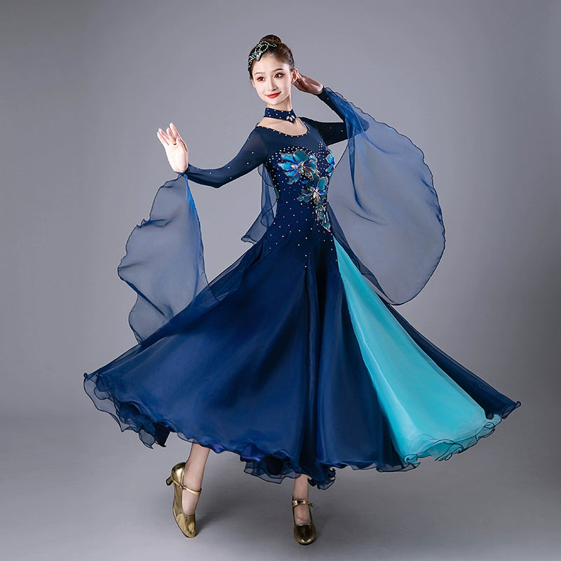 Navy Red Competition Ballroom Dance Dresses for Women Girls Diamond Waltz Tango Foxtrot Rhythm Performance Costumes