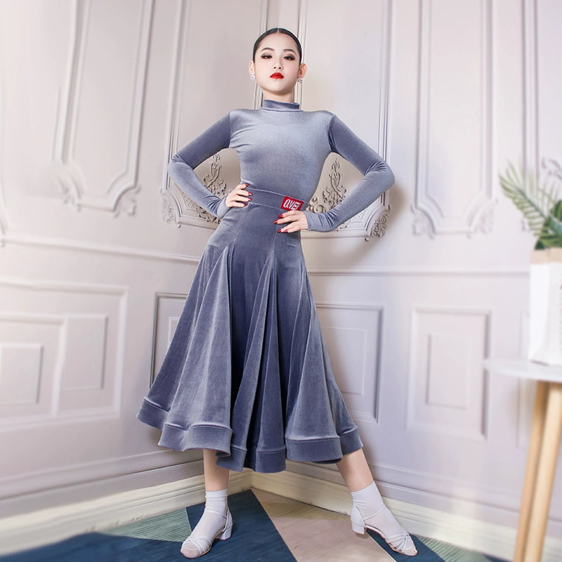 Girls Blue Purple Grey Velvet Ballroom Latin Dance Dresses for Kids Children  Competition Professional Performance Long Skirts for Children