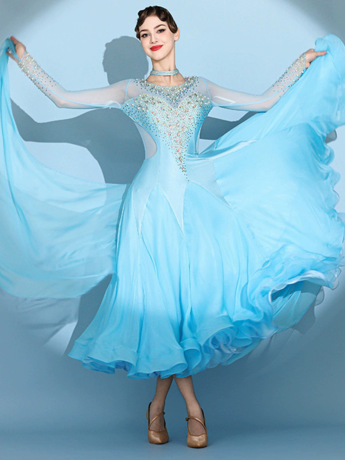 Custom size blue gemstones ballroom competition dresses for women girls children waltz tango foxtrot senior dance performance gown