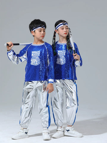 Children's Cheerleading Costumes Silver Blue Sequins Jazz Hip Hop Street Outfit for Girls Boys Opening Ceremony Jazz Dance Outfits for Kids