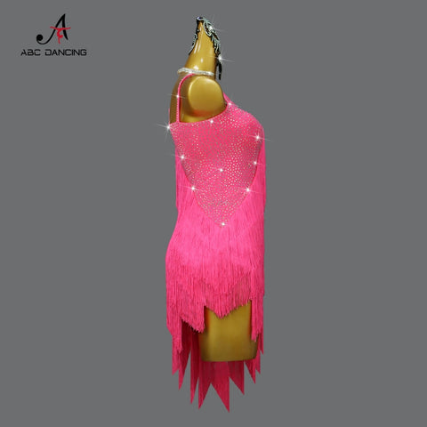 Professional fuchsia gemstones competition Latin Dance dresses for women girls slant neck Contest Show Flower solo Dance Tassel costumes