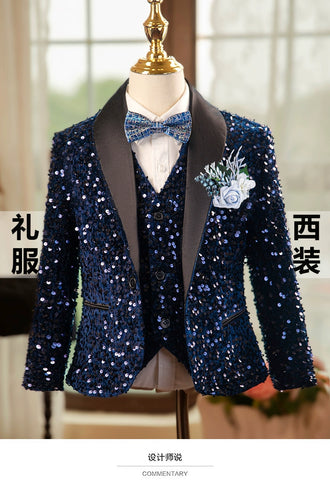 Boys Rainbow Navy Sequins Jazz Dance Coats Host Singers Pianist Performance Blazers Wedding Birthday Party Flowers Boys Jacket for Kids