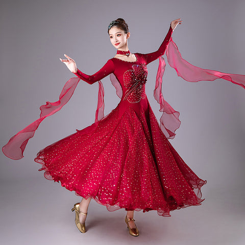 Wine Competition Ballroom Dance Dresses for Women Girls  Embroidered Diamond Waltz Tango Performance Gown