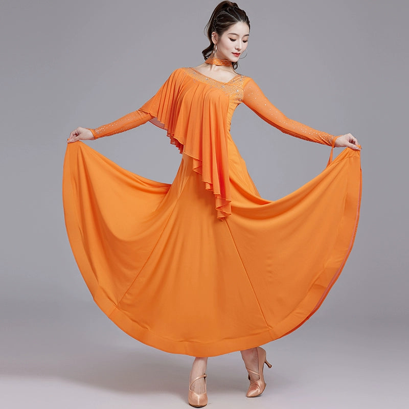 Orange Wien Blue Slant Neck Ballroom Dance Dresses for Women Girls National Standard Waltz Tango Social Professional Competitions Long Gown