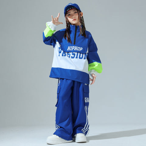 Children's Blue Hip-hop Jazz Dance Costumes Boys Girls Street Sports Opening Ceremony Performance Outfits Rapper Singers Gogo Dancers Wear