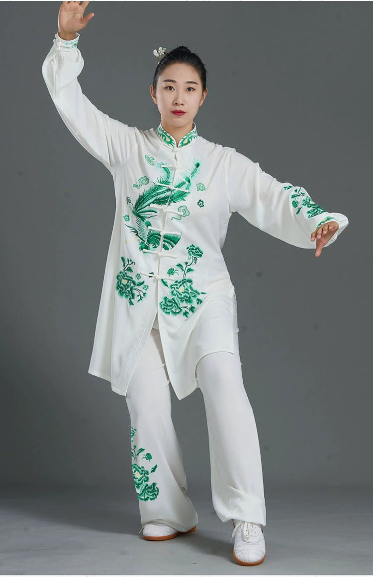 Custom Size Green Embroidered Phoenix Tai Chi Clothing for Women Competition Martial Art Wushu Performance Uniforms Brethable Clothes