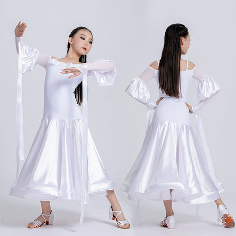 White Modern Ballroom Dance Dresses for Girls Kids Double-layer Skirt National Standard Waltz Tango Performance Long Gown for Children