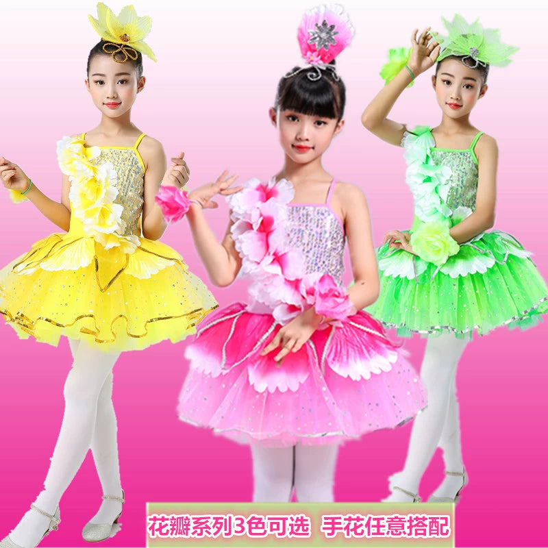 Children's Pink Petals Flowers Jazz Dance Dresses Jasmine Blossom Dance Costume Flower Fairy Tutu Skirts Performance Costume for Kids