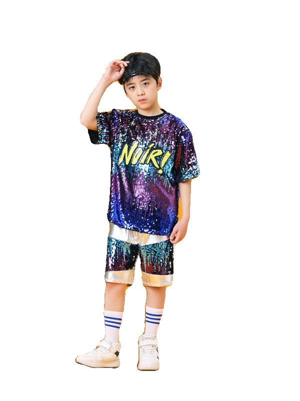 Children Blue Silver Sequins Jazz Dance Costumes for Boys Girls Street Rapper Singer Party Drum Hip Hop Dance Stage Performance Clothing Modern Dance Outfits