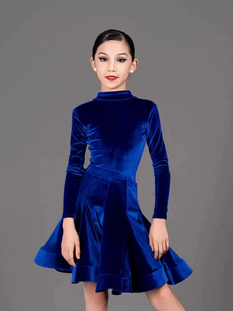 Girls Kids Latin Dance Dresses Black Royal Blue Turtleneck Velvet Long Sleeves Fishbone Ballroom Latin Salsa Training Practice Dance Competition Uniform