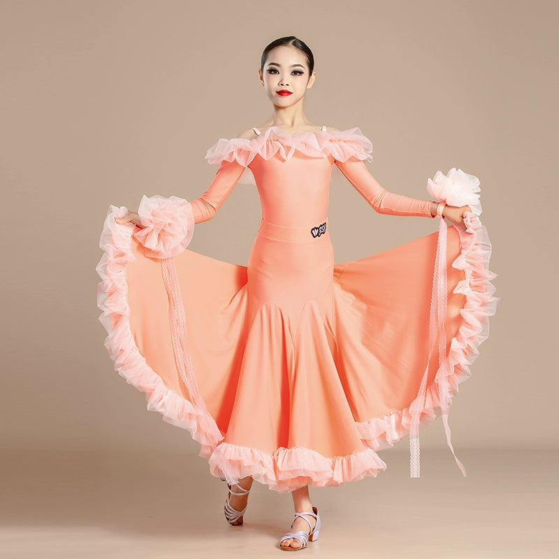 Modern ballroom dance dresses for girls kids waltz tango light purple orange wine professional competition clothing for children