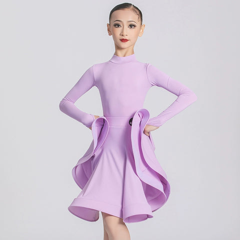 Professional Ballroom Latin Dance Dresses for Girls Kids Wine Lavender Purple Navy Long Sleeves Salsa Rumba Chacha Performance Costumes