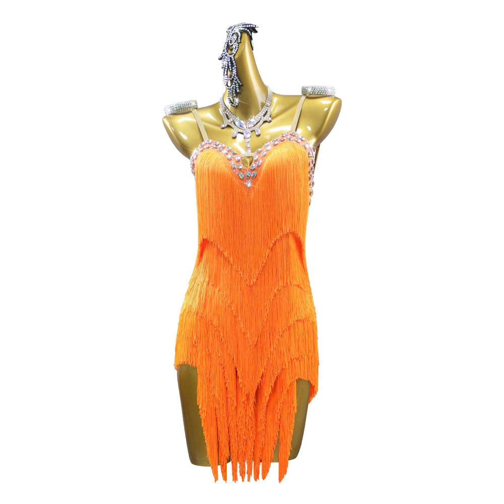 Professional Orange Tassel Latin Dance Dresses for Women Girls Salsa Rumba Chacha Blackpool Competition Regulations Dance Outfits