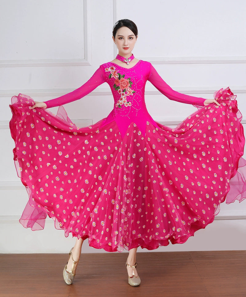 Custom Size Flowers Fuchsia Ballroom Dance Dresses for Women Girls Rhinestones Waltz Tango Rhythm Smooth Dance Long Swing Skirts