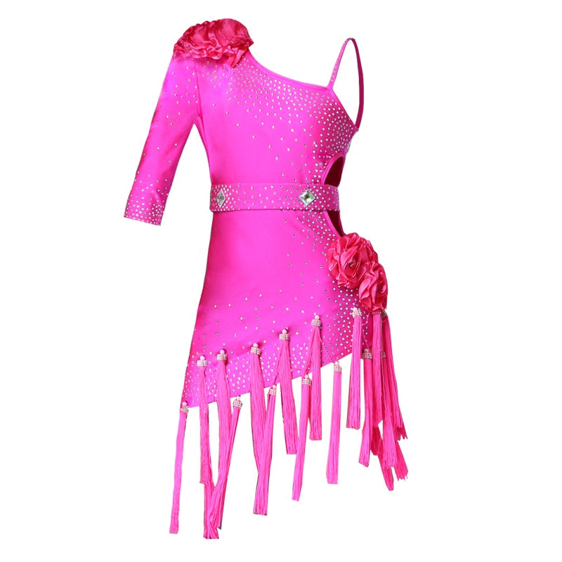 Children's Competition latin dance dresses blue pink red white slant one shoulder Latin dance performance costumes chacha rumba salsa dance outfits