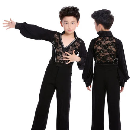 Boys Black Red White Lace Latin Dance Shirts Children Salsa Rumba Ballroom Tango Modern Dance Stage Performance Long Sleeves Tops for Kids