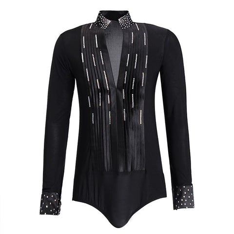 Competition black color Latin dance shirt for man youth salsa tango waltz flamenco dance performance clothing