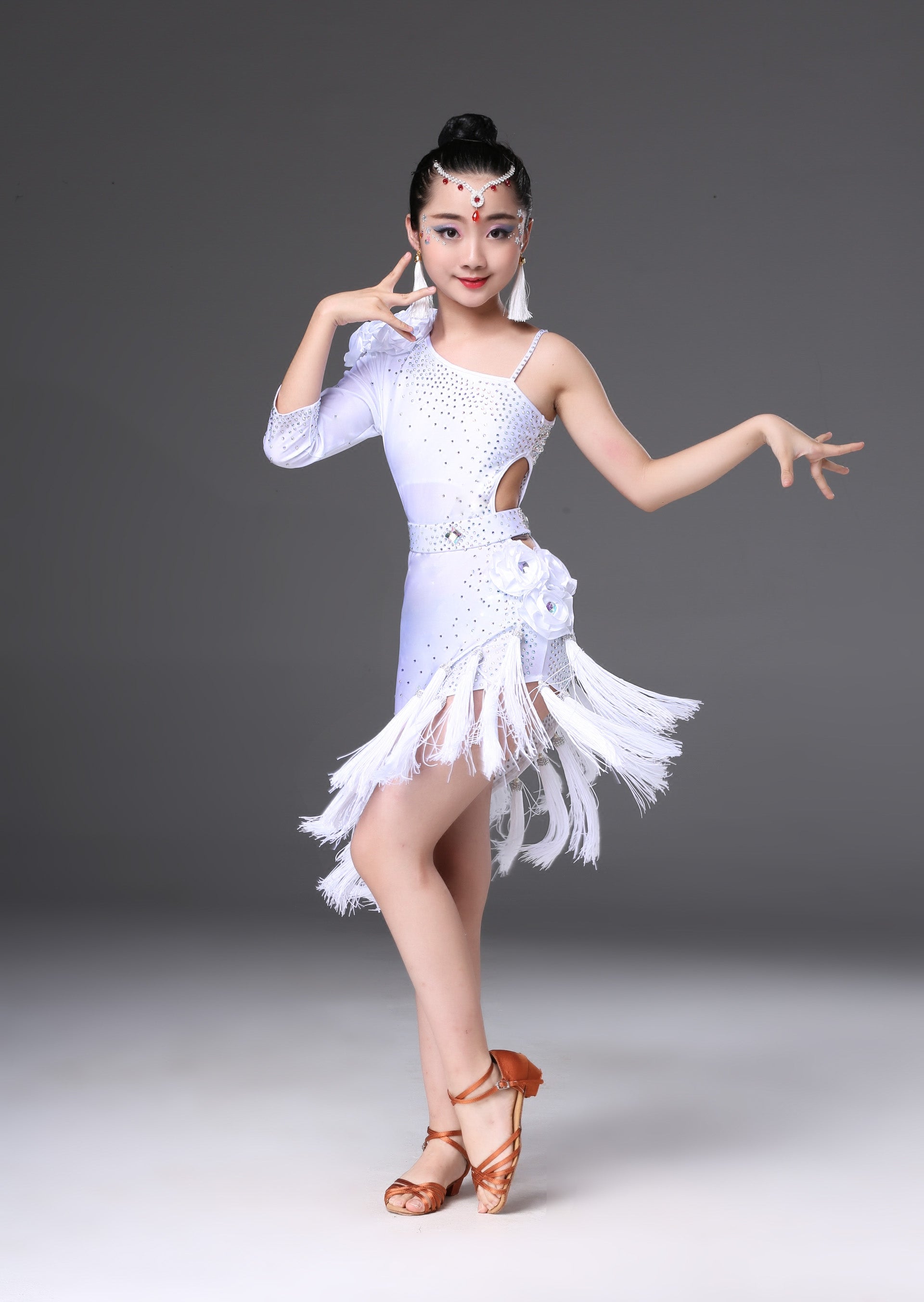 Children's Competition latin dance dresses blue pink red white slant one shoulder Latin dance performance costumes chacha rumba salsa dance outfits