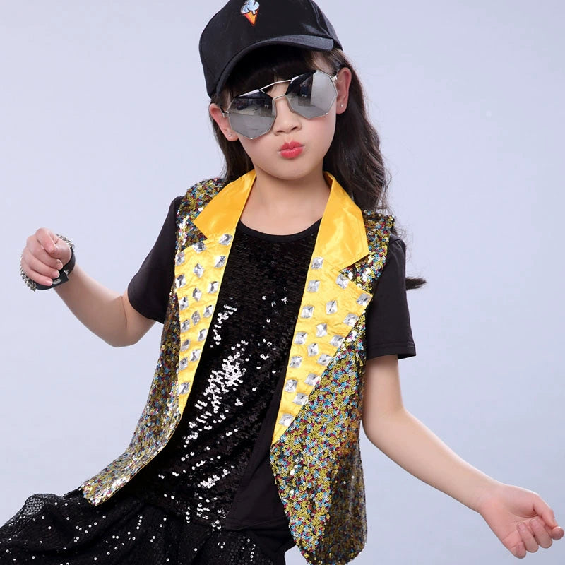 Boys Gold Sequins Jazz Dance Vests for Kids Girls Children Modern Dance Lapel Collar Waistcoats Hip Hip Rappers Drummer Performance Glitter Vests