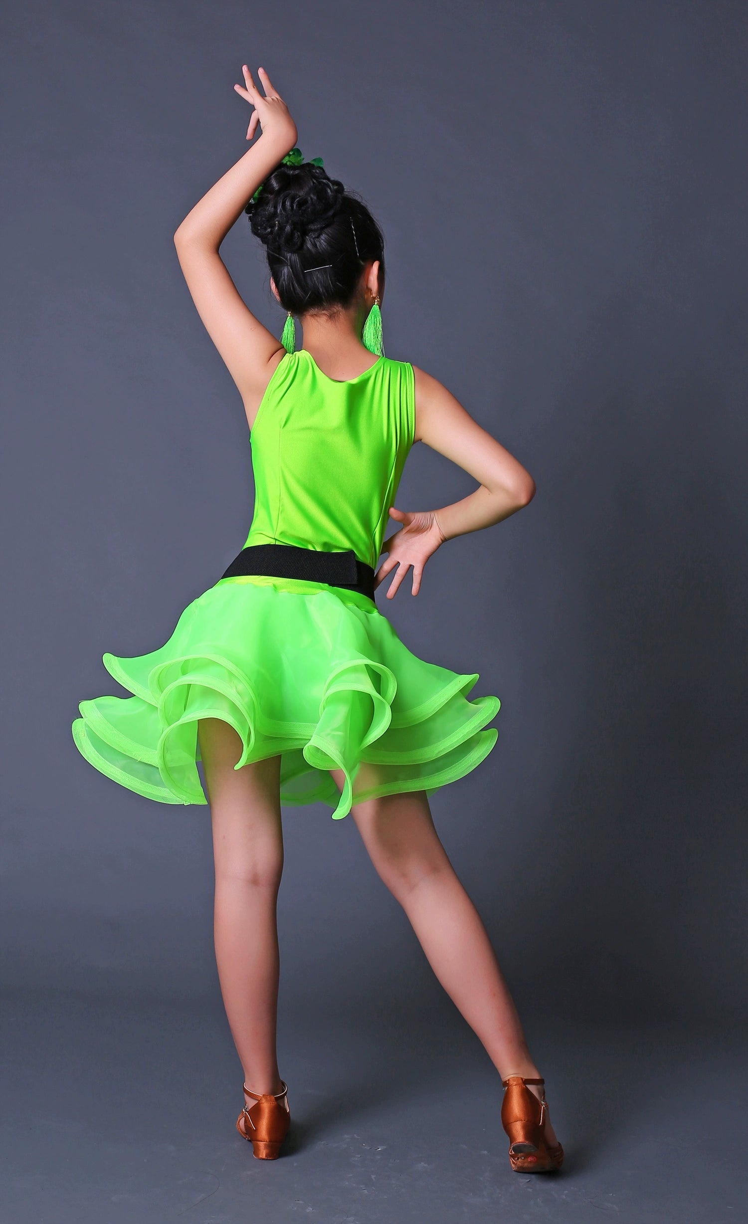 Children Competition Neon Green Pink Blue Latin Dance Dresses Ruffles Salsa Chacha  Performance Clothes for Girls