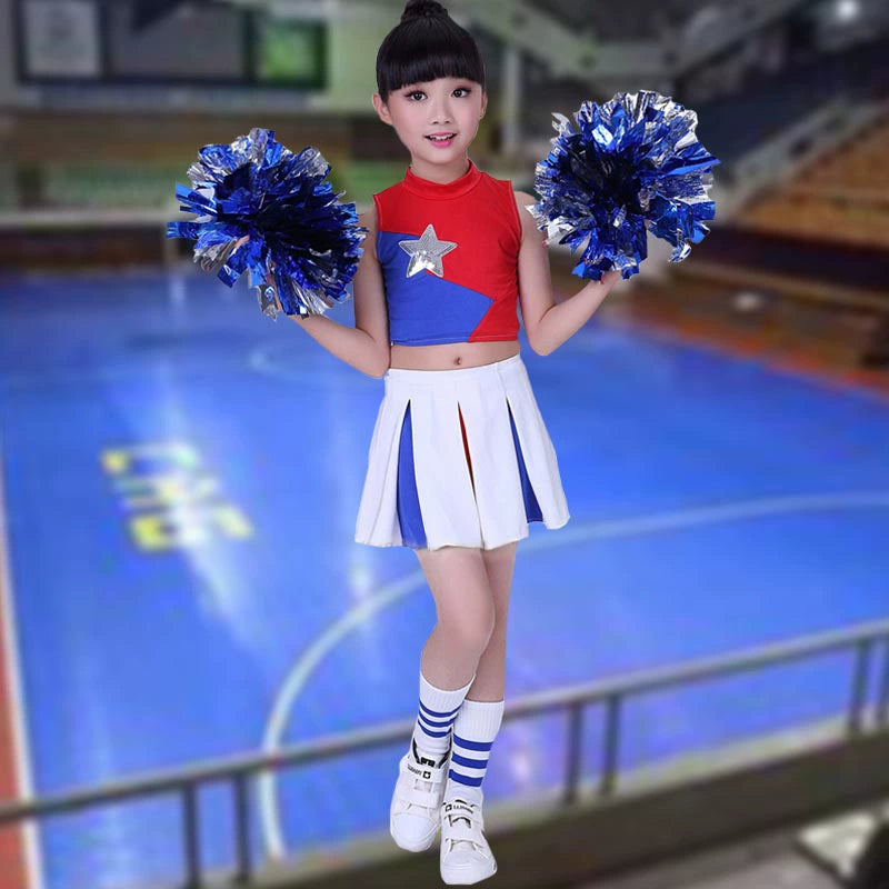 Children Blue Red Cheerleading Uniforms for Girls Kids Jazz Dance Costumes Cheerleading Performances Hi Hop Street Dance Outfits