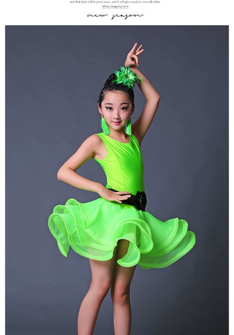 Children Competition Neon Green Pink Blue Latin Dance Dresses Ruffles Salsa Chacha  Performance Clothes for Girls