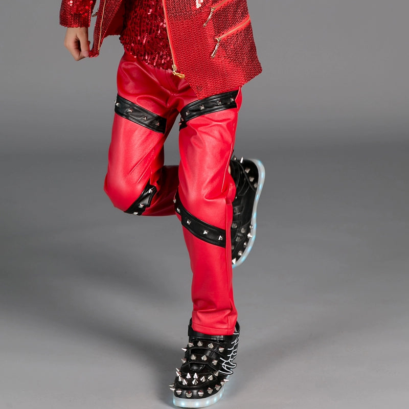 Boys Kids Red Sequins Pu Leather Rivet Jazz Dance Costumes Shrugged Shoulder Drummer Model Show Singers Host Model Performance Outfits