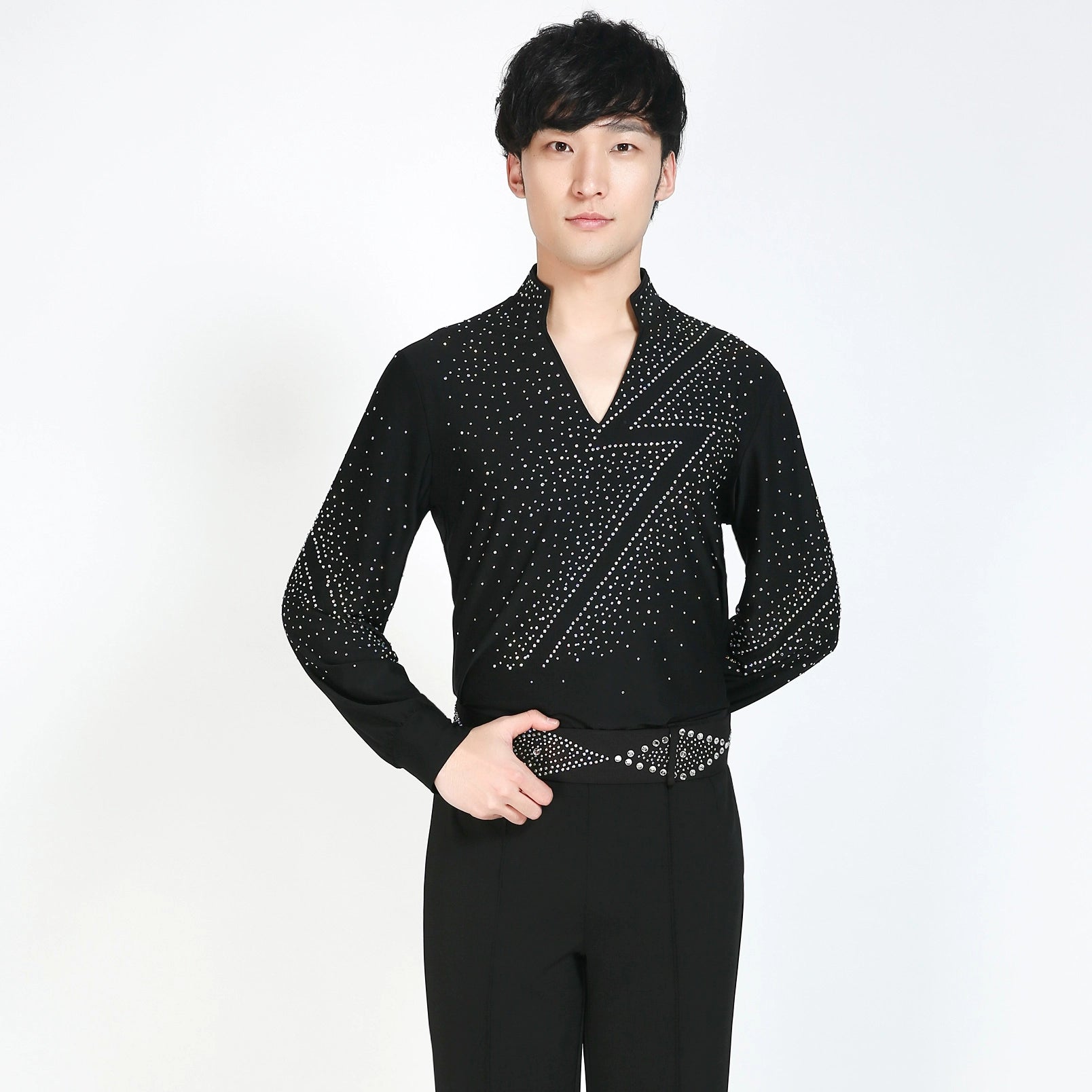 Men's ballroom gemstones Latin dance shirts modern waltz tango competition tops