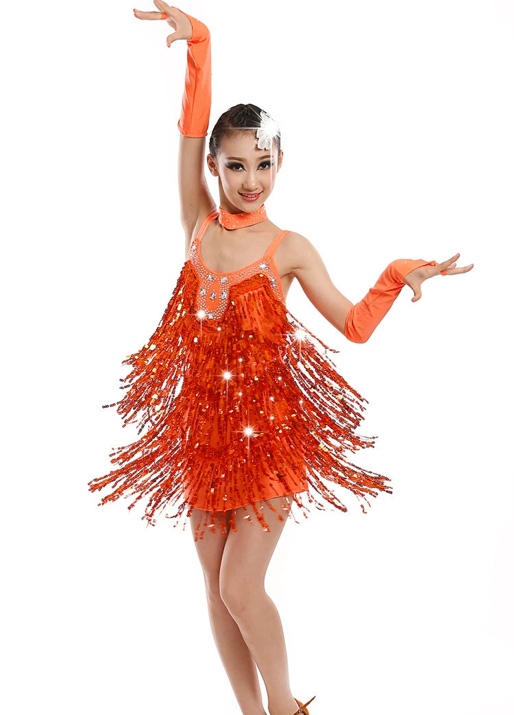 Custom Size Competition Sequins Fringe Red Silver Blue Latin Dance Competition Dresses for Girls Kids Salsa Rumba Cha Cha Performance Costumes Bling Skirts