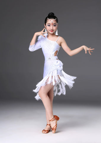 Children's Competition latin dance dresses blue pink red white slant one shoulder Latin dance performance costumes chacha rumba salsa dance outfits