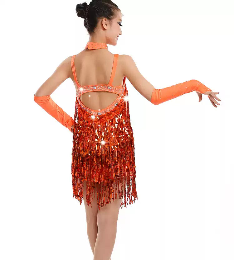 Custom Size Competition Sequins Fringe Red Silver Blue Latin Dance Competition Dresses for Girls Kids Salsa Rumba Cha Cha Performance Costumes Bling Skirts