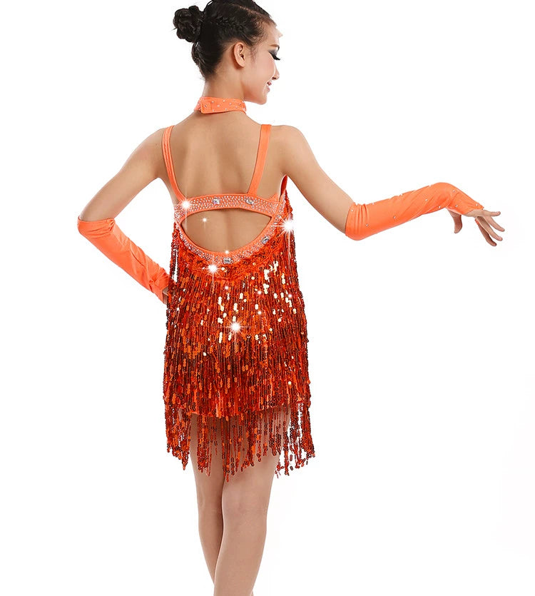 Custom Size Competition Sequins Fringe Red Silver Blue Latin Dance Competition Dresses for Girls Kids Salsa Rumba Cha Cha Performance Costumes Bling Skirts