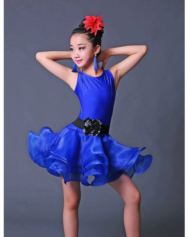 Children Competition Neon Green Pink Blue Latin Dance Dresses Ruffles Salsa Chacha  Performance Clothes for Girls