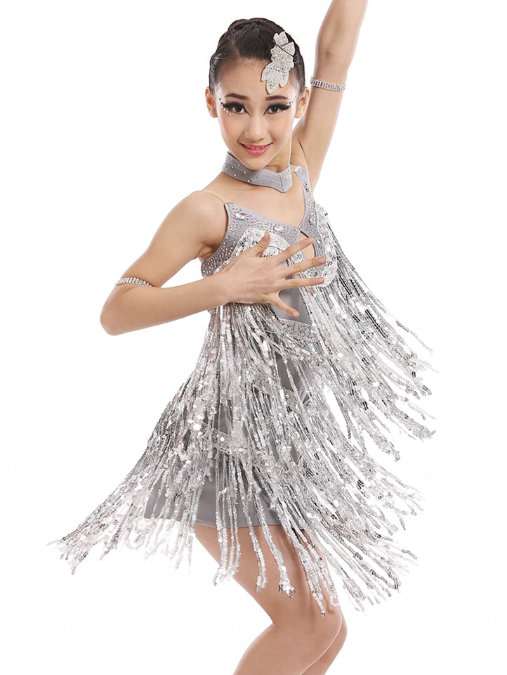 Custom Size Competition Sequins Fringe Red Silver Blue Latin Dance Competition Dresses for Girls Kids Salsa Rumba Cha Cha Performance Costumes Bling Skirts