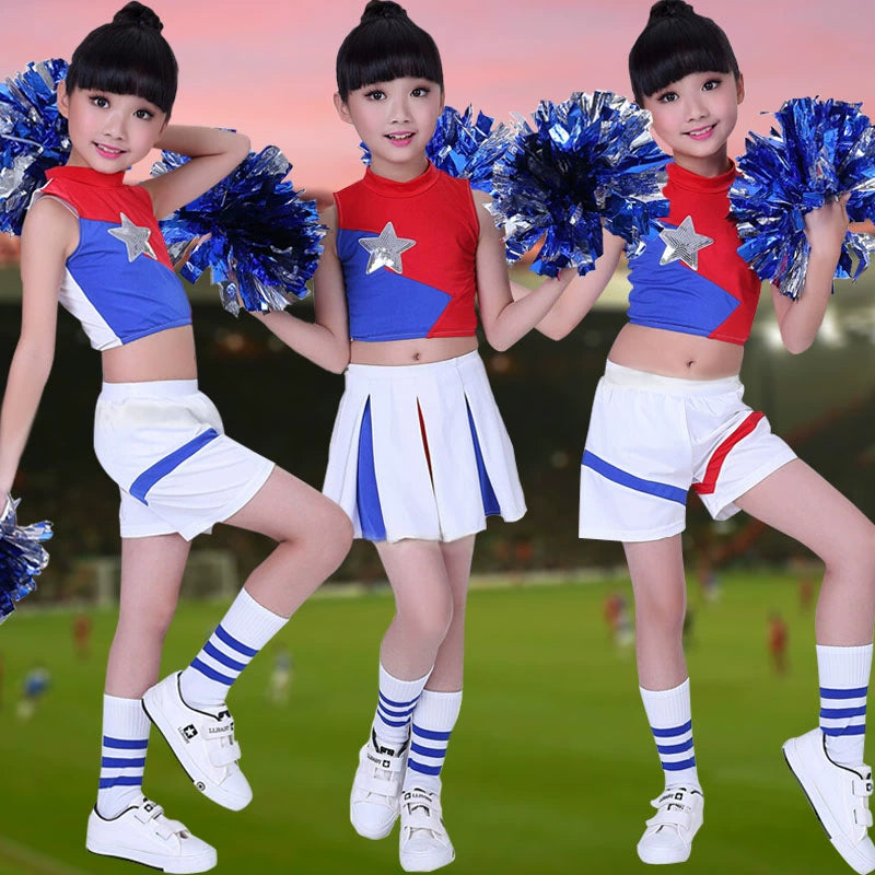 Children Blue Red Cheerleading Uniforms for Girls Kids Jazz Dance Costumes Cheerleading Performances Hi Hop Street Dance Outfits