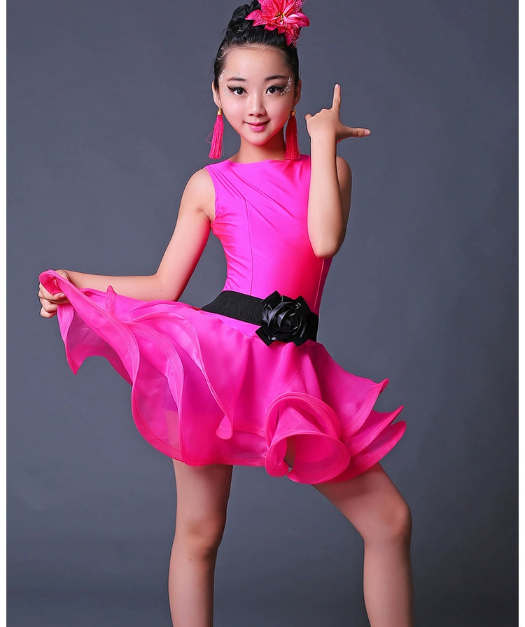 Children Competition Neon Green Pink Blue Latin Dance Dresses Ruffles Salsa Chacha  Performance Clothes for Girls