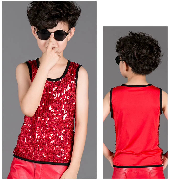 Boys Kids Red Sequins Pu Leather Rivet Jazz Dance Costumes Shrugged Shoulder Drummer Model Show Singers Host Model Performance Outfits